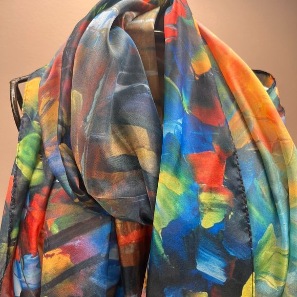 Abstract Art Scarf by Cleo – 2010s – Multicolor Silk Feel – Painterly Pattern - Picture 12 of 12